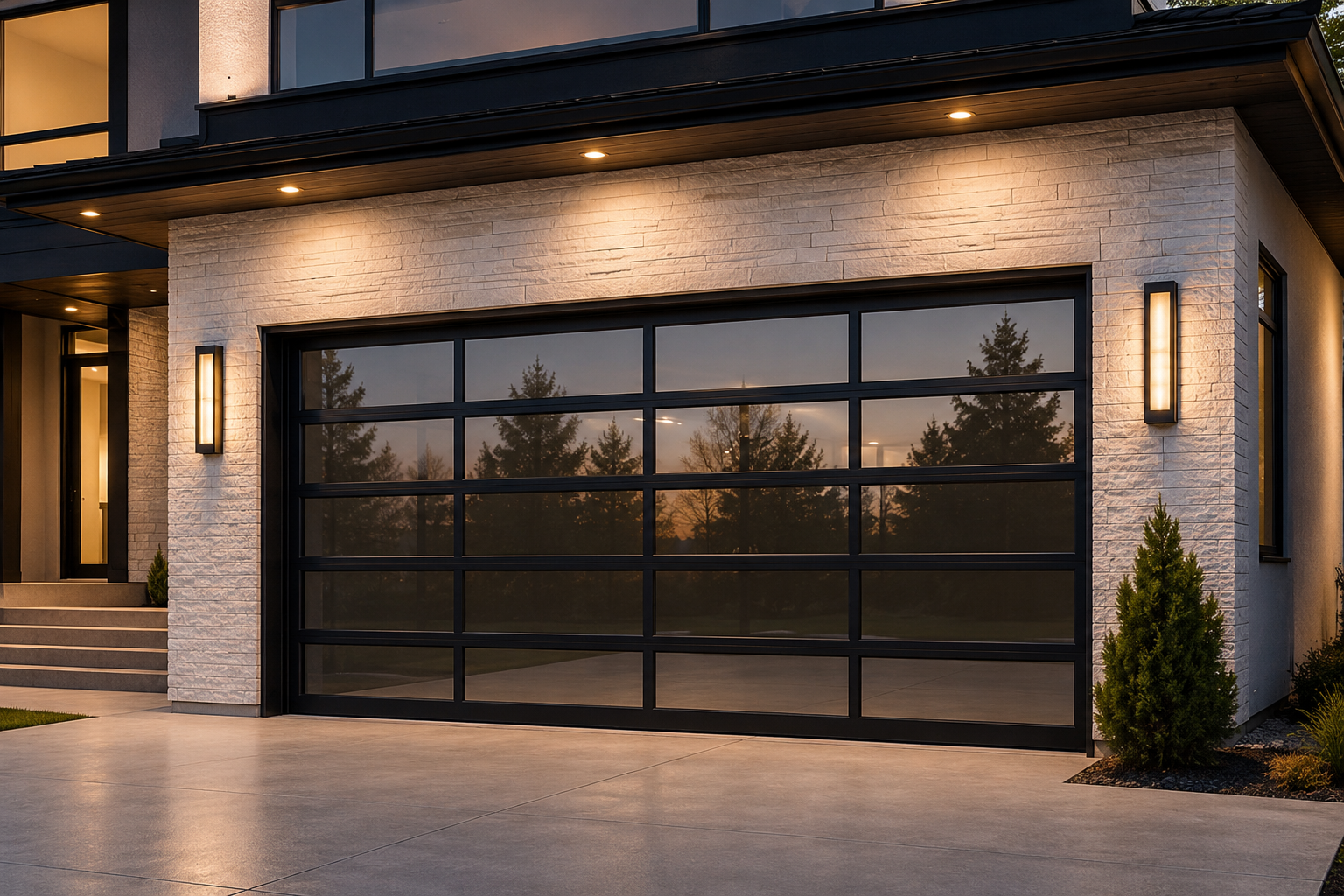 Modern glass garage door at dusk
