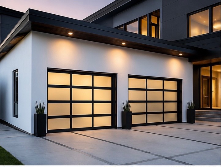 Modern home with premium glass garage doors at dusk